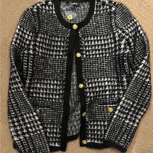 Express Houndstooth Crewneck Cardigan Sweater Gold Buttons Small Chanel Tahari